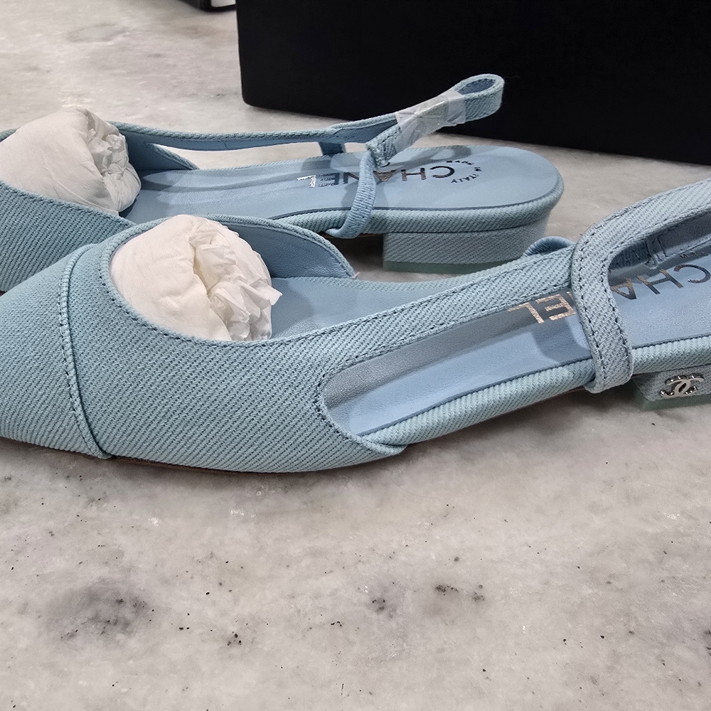 "CHANEL-like" Women's Denim Light Blue Slingback Flats - Picture 2 of 5